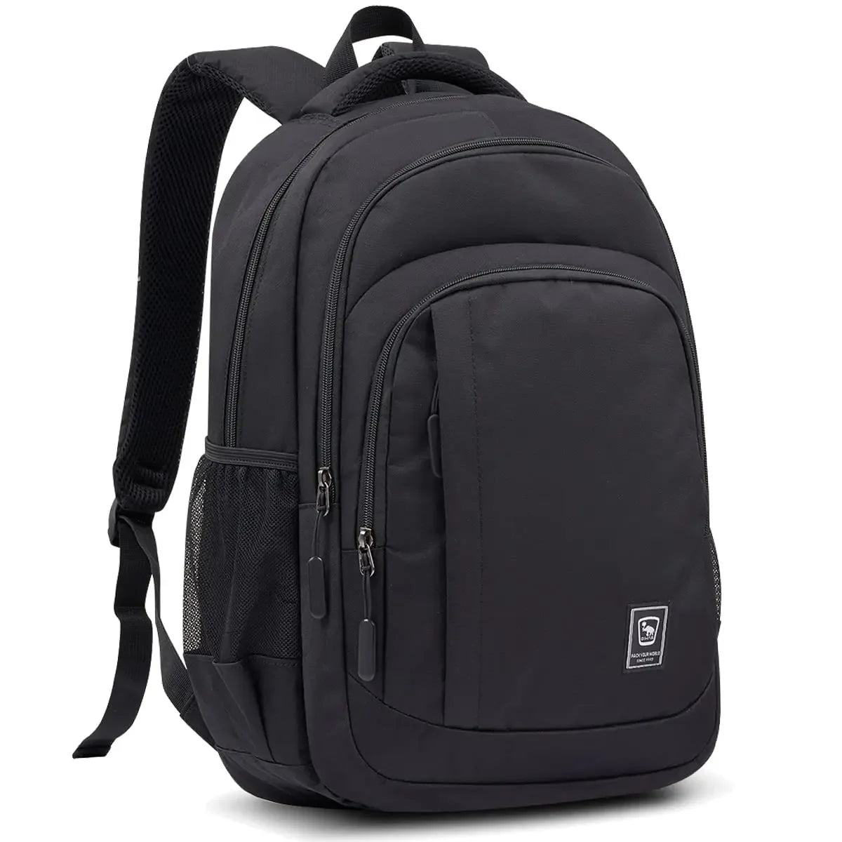 Black backpack with visible brand logo on a white background
