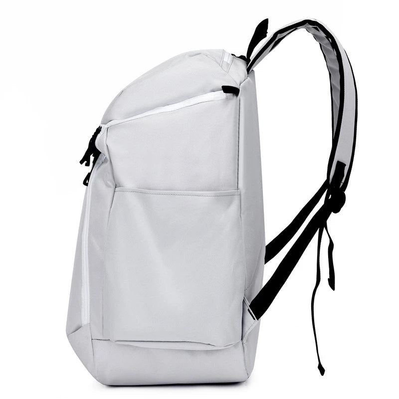 Light gray backpack with black straps on a white background