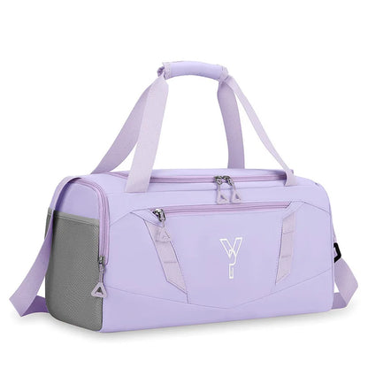 Purple duffel bag with gray accents on a white background