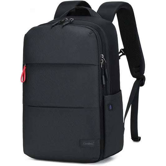 Black backpack with visible brand logo on a white background