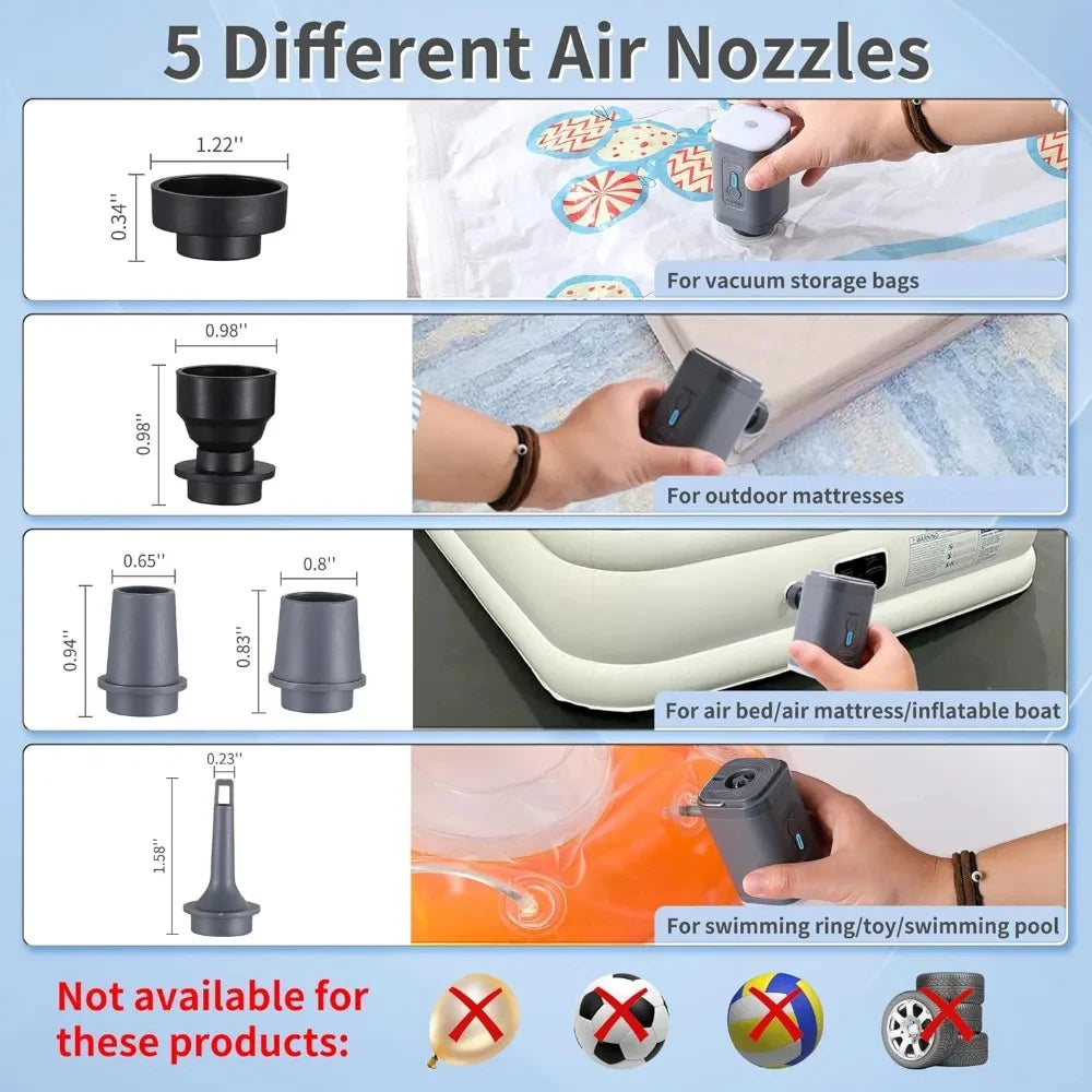 Five different air nozzles with usage examples and dimensions on a blue background.
