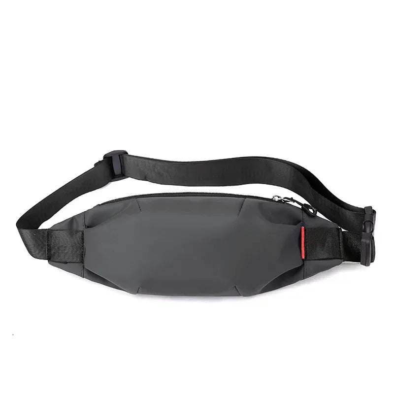 Black waist bag with a red tag on a white background
