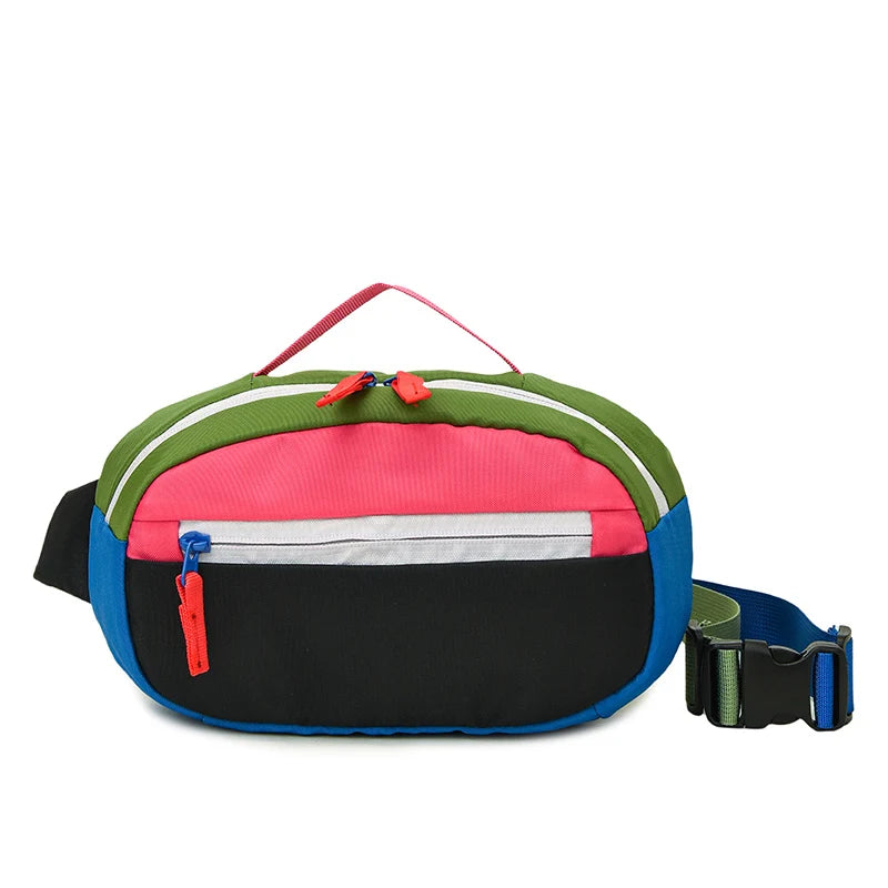 Multicolored waist bag with red, green, pink, black, and blue sections on a white background