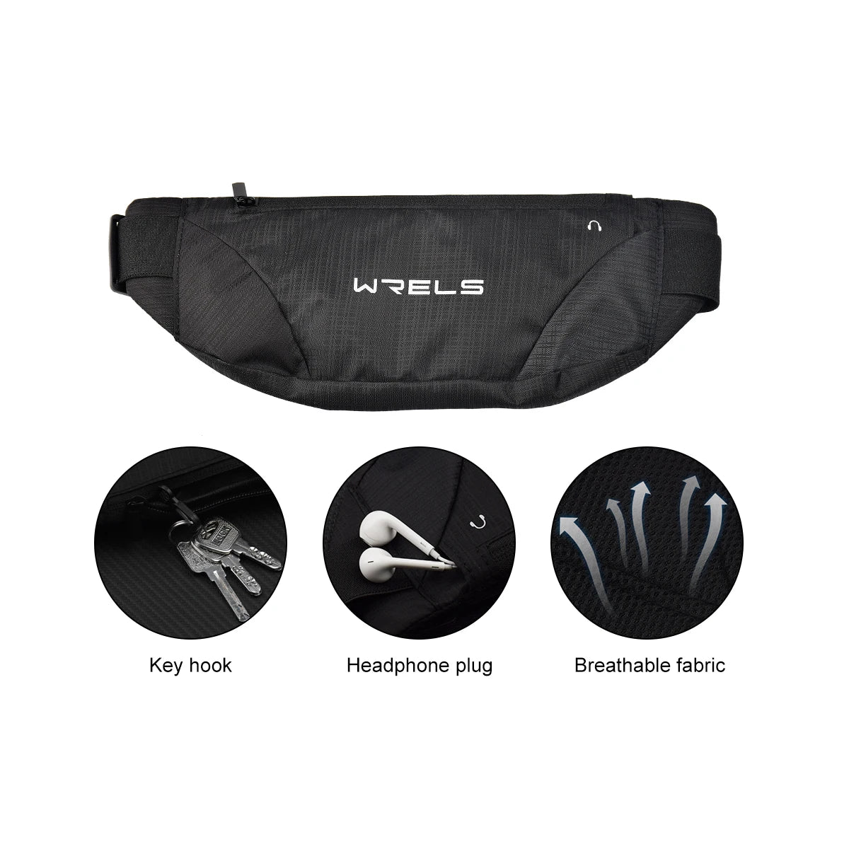 Black waist bag with key hook, headphone plug, and breathable fabric features on a white background