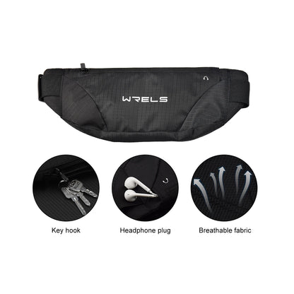 Black waist bag with key hook, headphone plug, and breathable fabric features on a white background