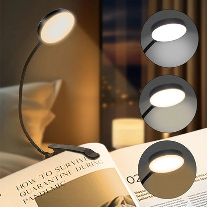 Reading lamp with flexible arm on a book, with close-up insets of light bulbs.