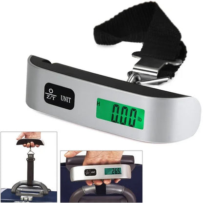Digital luggage scale with a black strap on a white background