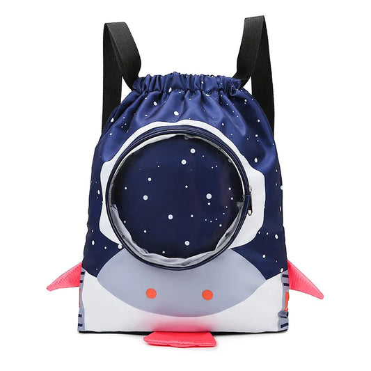 Drawstring bag with space-themed design on a white background