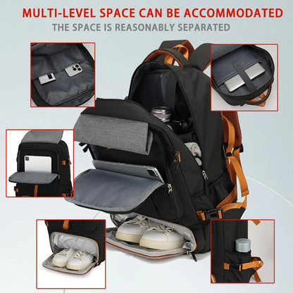 Multifunctional backpack with various compartments and items on a light gray background