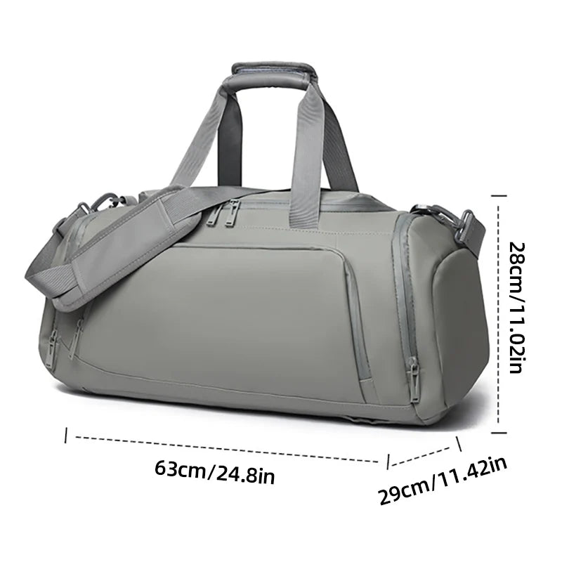 Gray duffel bag with dimensions indicated on a white background