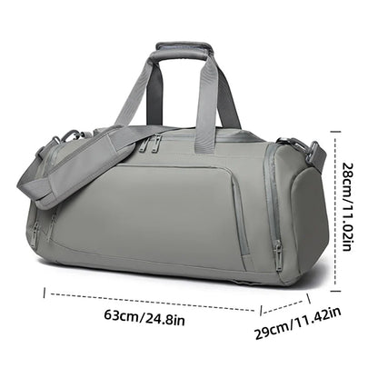 Gray duffel bag with dimensions indicated on a white background