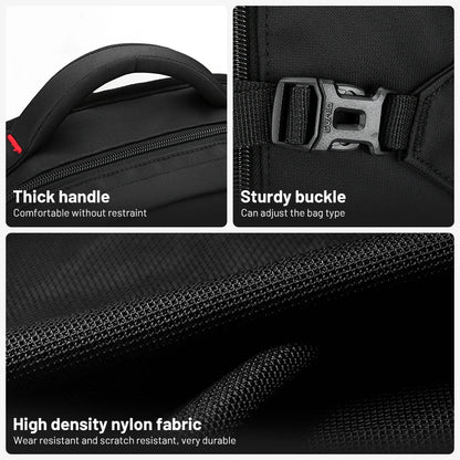 Black bag with thick handle, sturdy buckle, and high-density nylon fabric features.