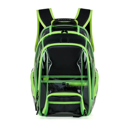 Black backpack with green accents on a white background