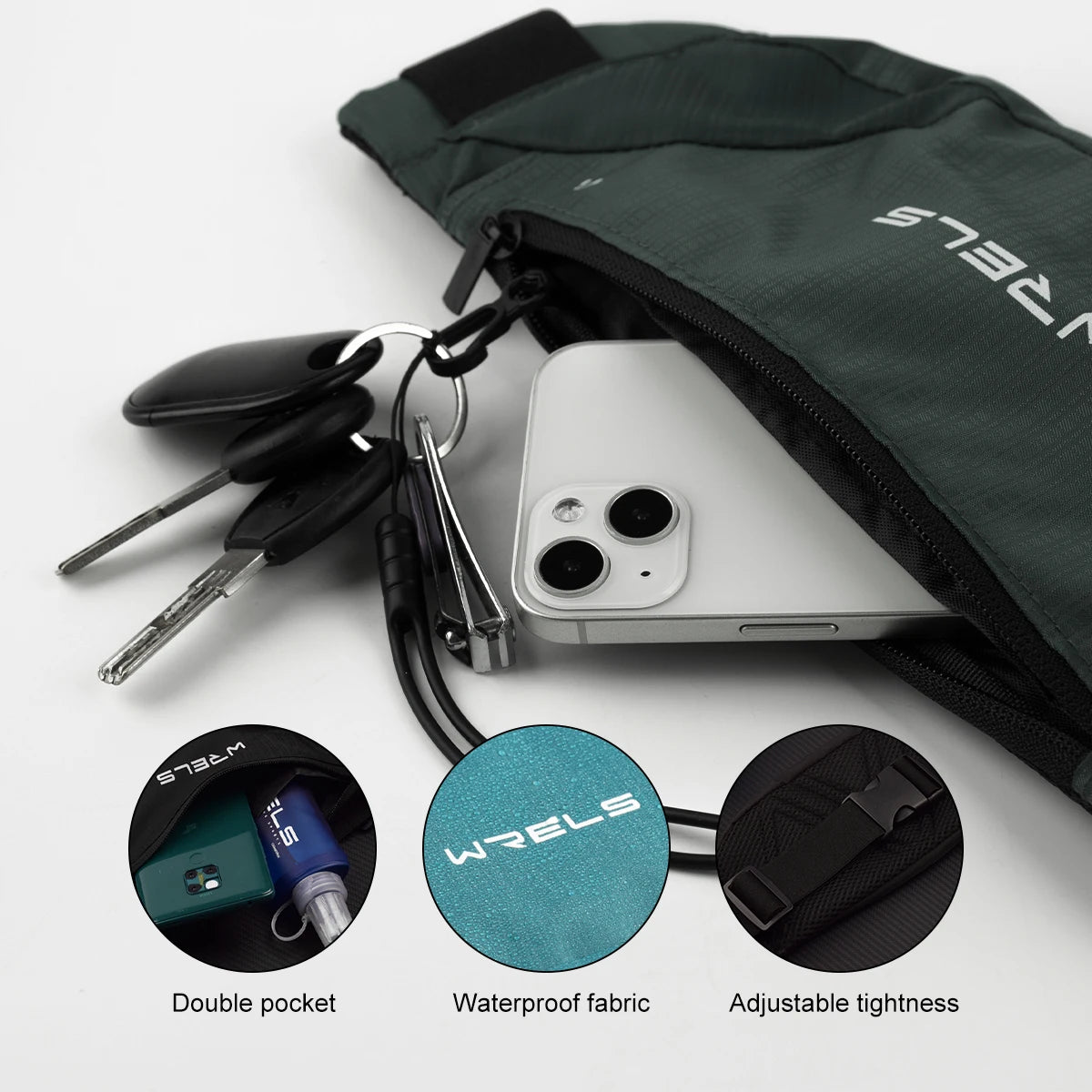 Green bag with phone, keys, and bottle, featuring WELS branding and product features.