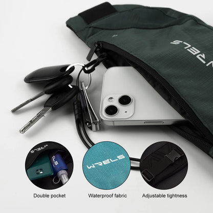 Green bag with phone, keys, and bottle, featuring WELS branding and product features.