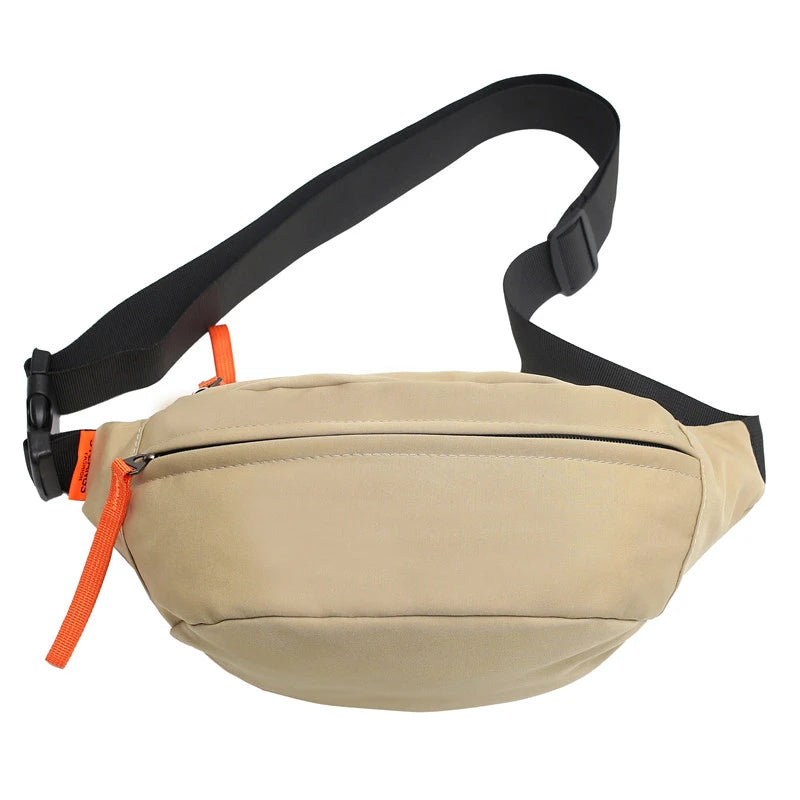 Beige waist bag with black strap and orange zippers on a white background