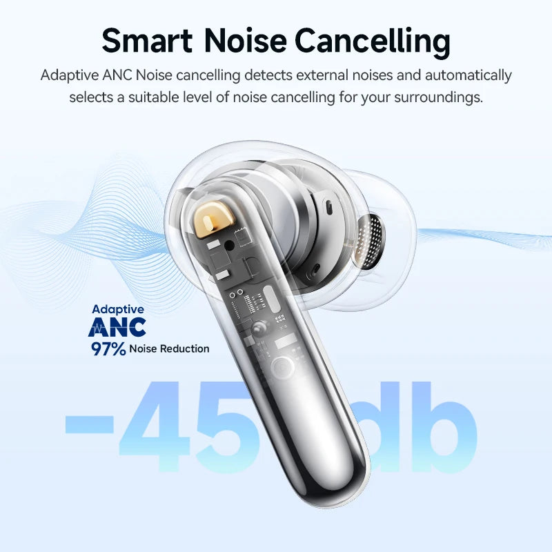 Smart noise-cancelling earbud with text on a white background