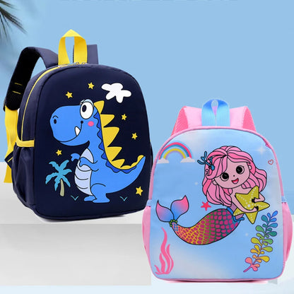 Two children's backpacks with dinosaur and mermaid designs on a light blue background.