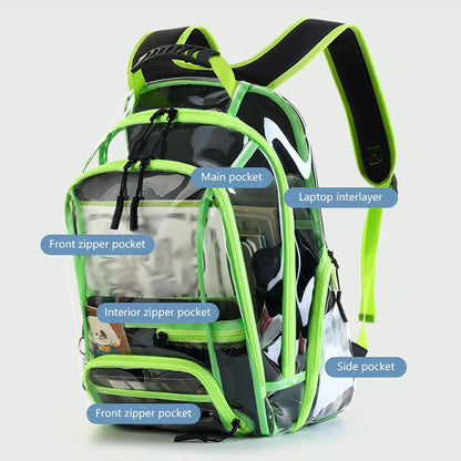 Green and black backpack with labeled compartments on a light gray background