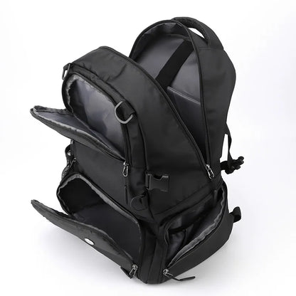 Black backpack with open compartment on a white background
