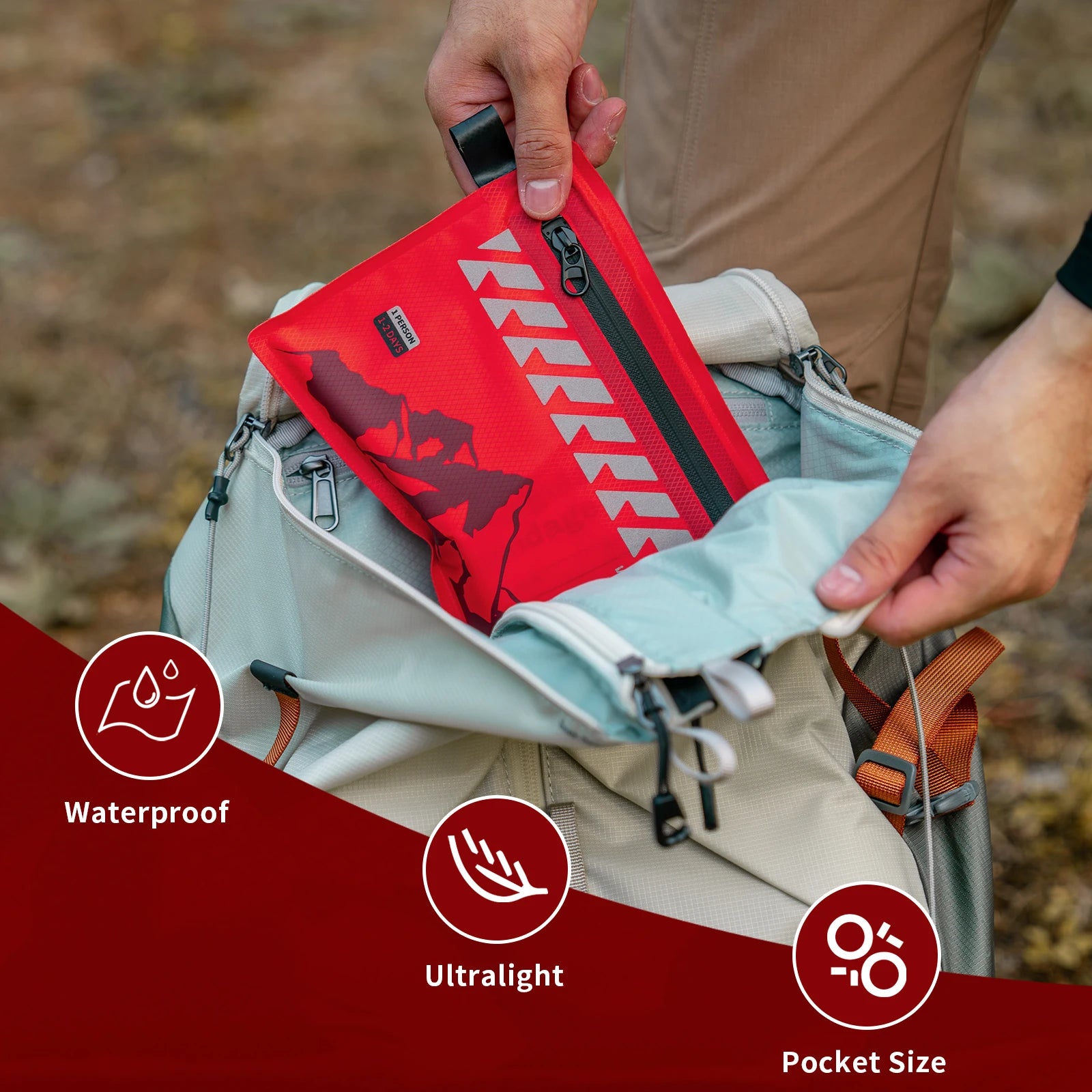 Person opening a red and gray backpack with outdoor gear, featuring waterproof, ultralight, and pocket size icons.