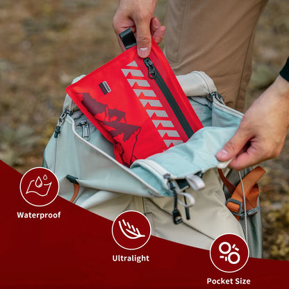 Person opening a red and gray backpack with outdoor gear, featuring waterproof, ultralight, and pocket size icons.