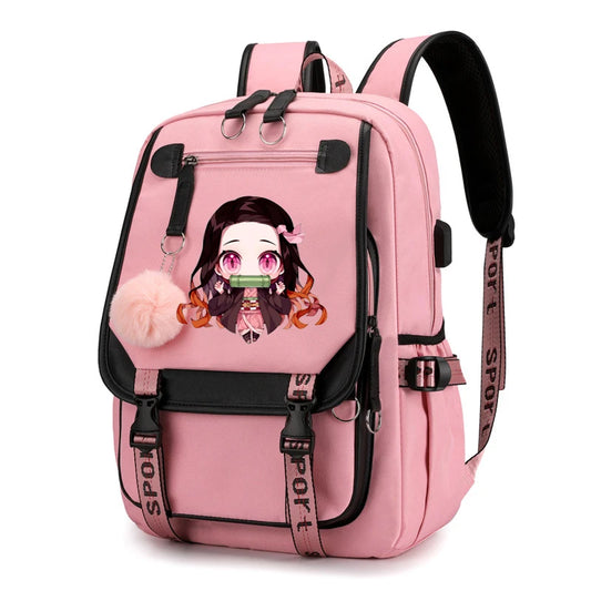 Pink backpack with a cartoon character design on a white background