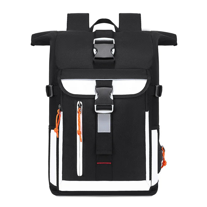Black backpack with orange zipper pulls on a white background