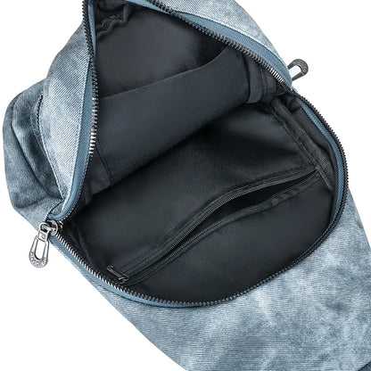 Blue backpack with open zipper showing black interior