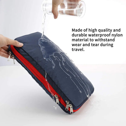 Blue and red pouch being soaked with water to demonstrate its waterproof quality.