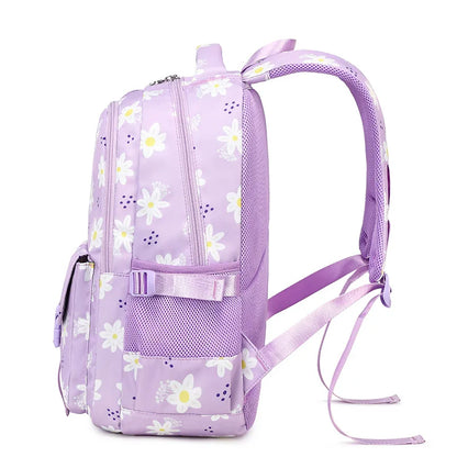 Purple backpack with floral pattern on a white background