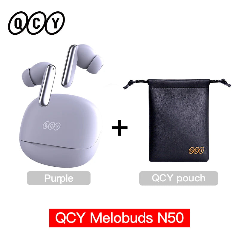 Purple QCY wireless earbuds with a black pouch on a white background