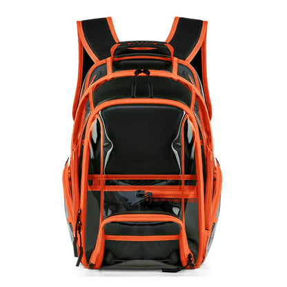 Orange and black backpack on a white background