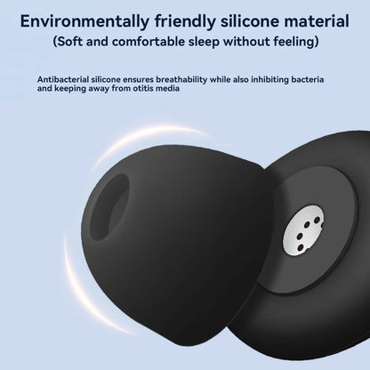 Black silicone earbud with text about environmentally friendly material and benefits on a light blue background