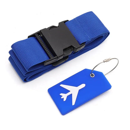 Blue luggage strap with black buckle and blue luggage tag with airplane symbol on a white background