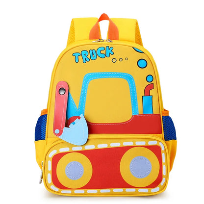 Colorful children's backpack with truck design on a white background