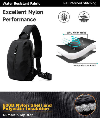 Black sling bag with features highlighted on a white background