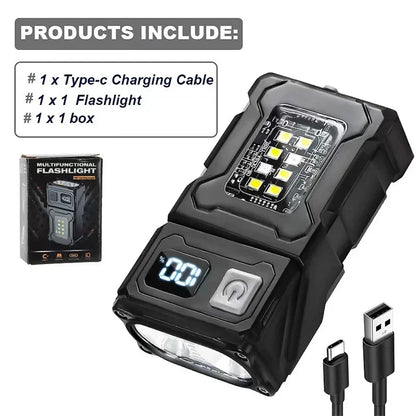 Multifunctional flashlight with charging cable and packaging on a white background