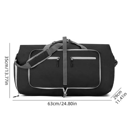 Black duffel bag with measurements on a white background