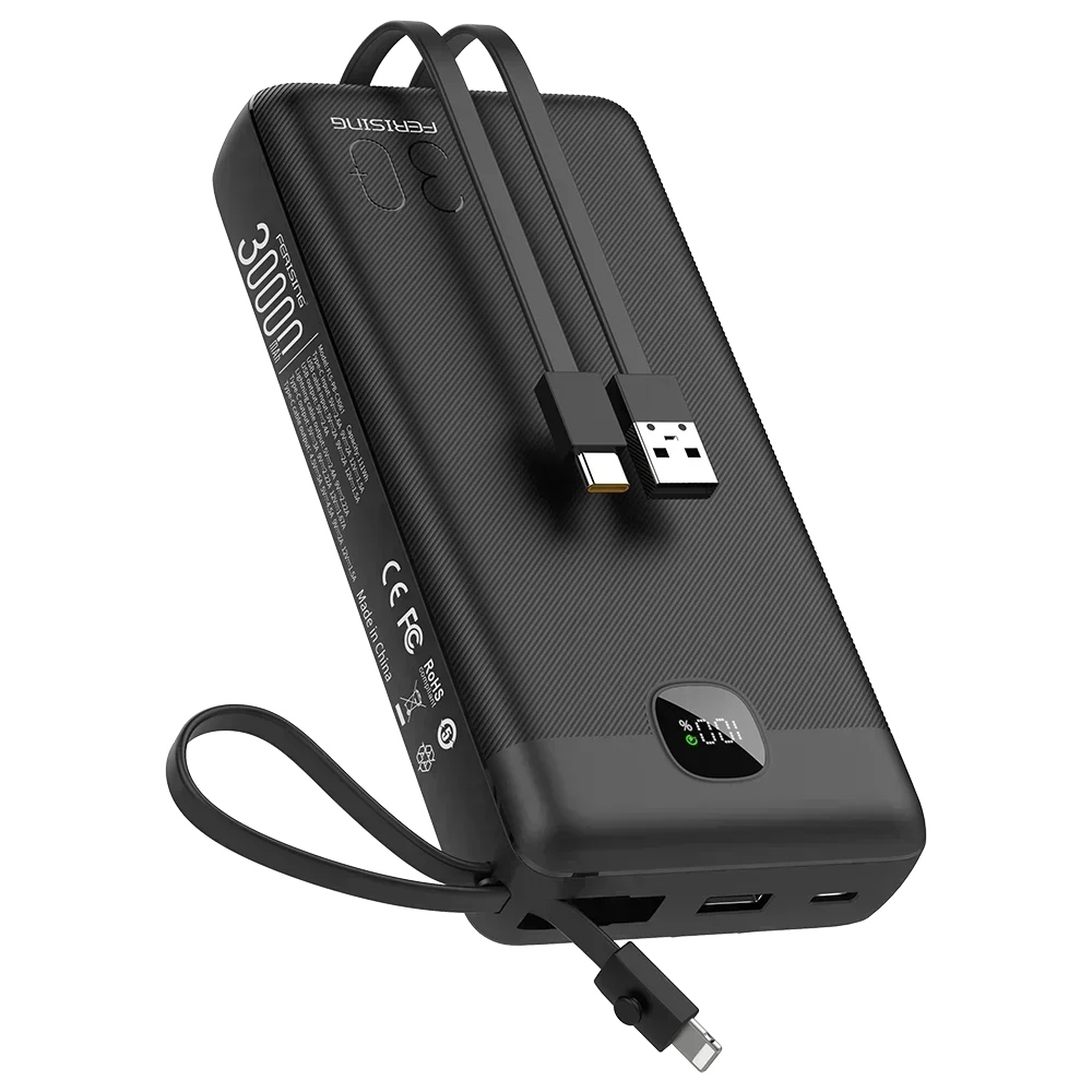 Black power bank with USB cable on a white background