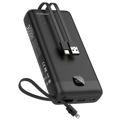 Black power bank with USB cable on a white background