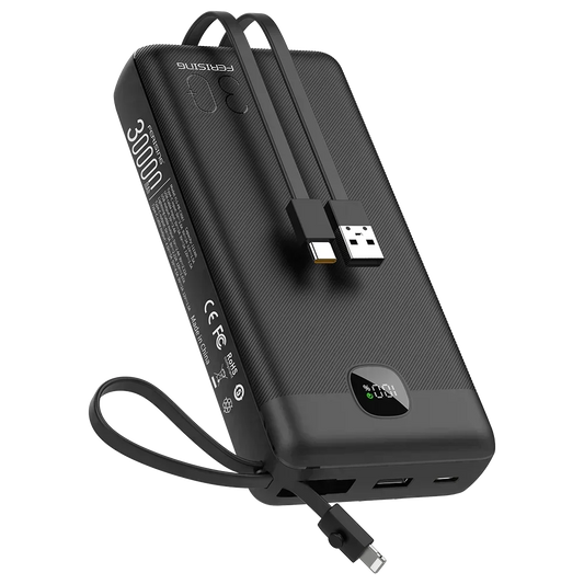 Black power bank with USB cable on a white background