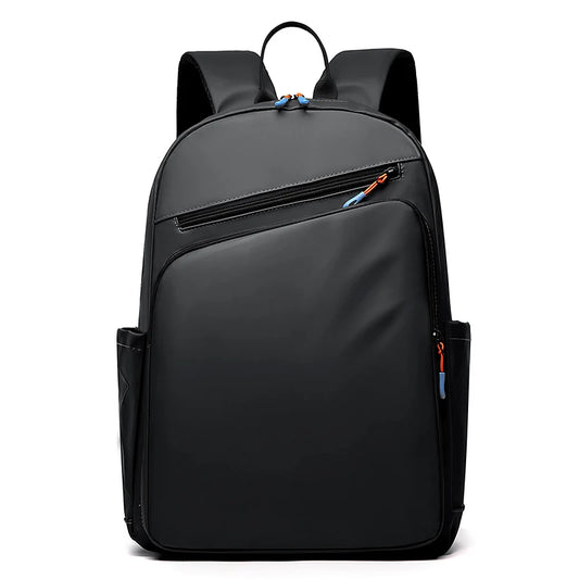 Black backpack with multiple pockets on a white background