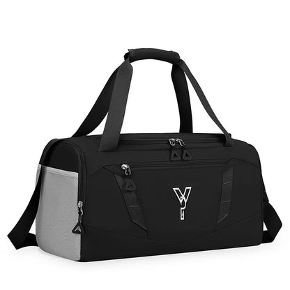 Black and gray duffel bag with a visible brand logo on a white background