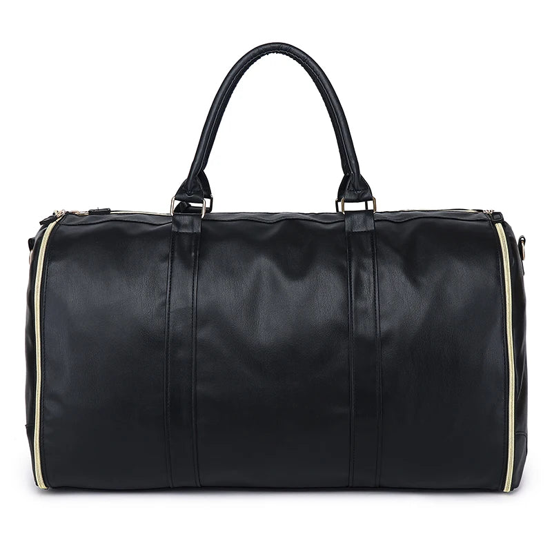 Black duffel bag with white trim on a white background