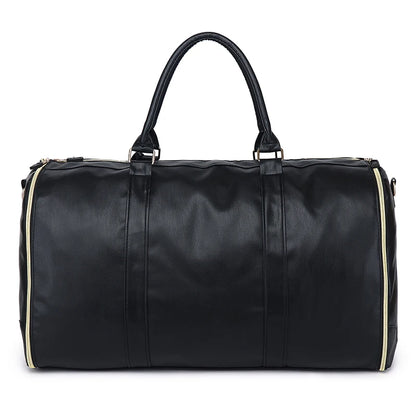 Black duffel bag with white trim on a white background