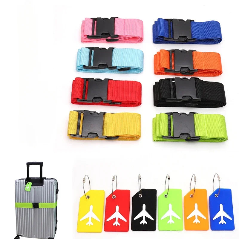 Set of colorful luggage straps and tags on a white background