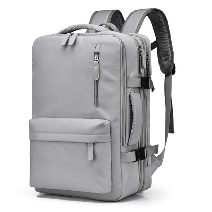 Gray backpack with multiple compartments on a white background