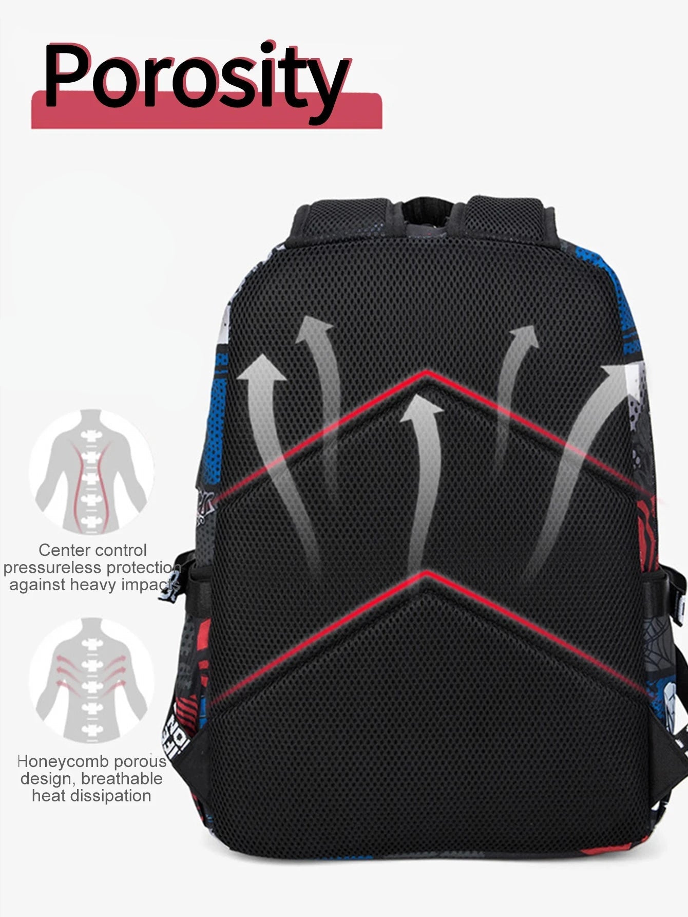 Black backpack with honeycomb porous design on a white background
