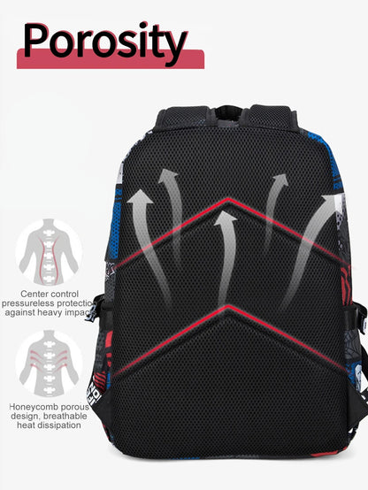 Black backpack with honeycomb porous design on a white background